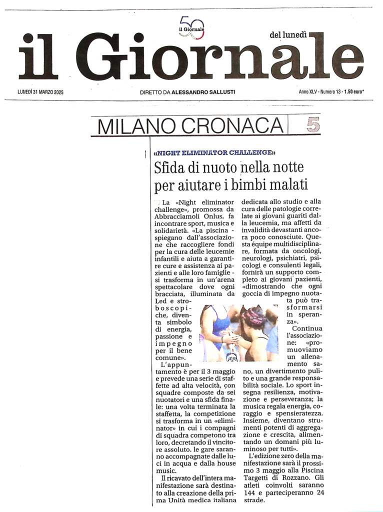 Articolo de Il Giornale sull'evento Abbracciamoli Tour Eliminator Challenge Night 2025